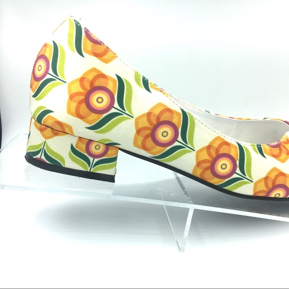 Retro Floral Satin Block Heel Flats Pointed Toe - Picture 2 of 8